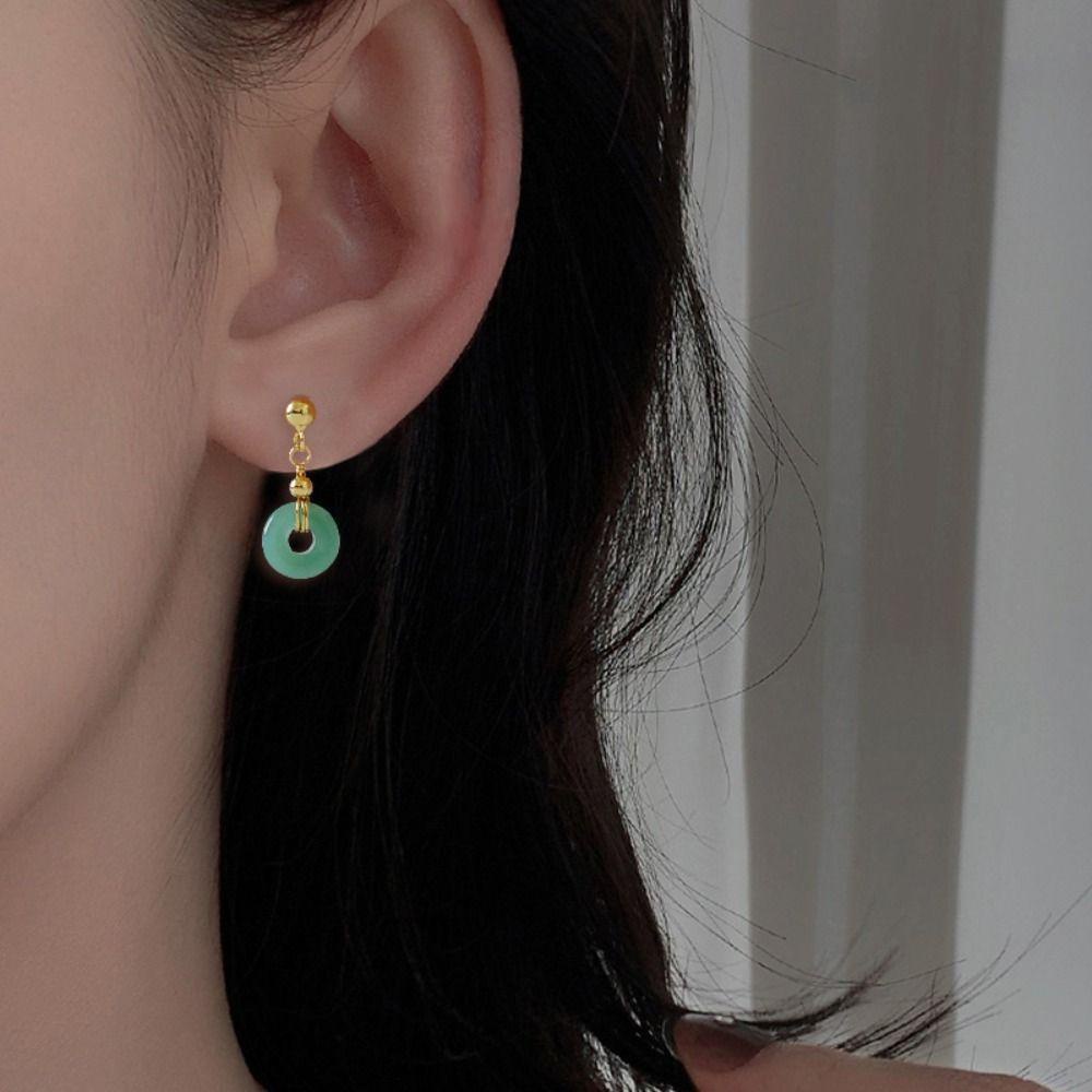 Mxbeauty Anting Gaya Cina Geometri Retro Bulat Liontin Fashion Giok Klasik Perempuan Menjuntai Earrings