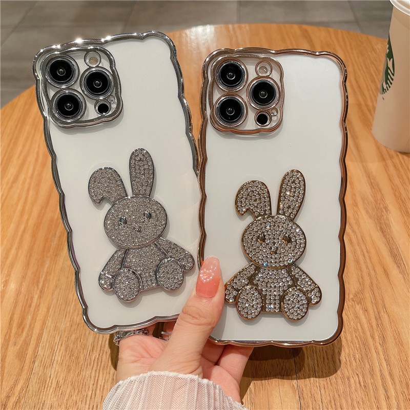 Luxury flash drill rabbit wavy border silicone soft shell phone case Kompatibel Untuk iphone7/8plus X XS XSMAX XR iphone7/8Sarung Penutup Belakang Tahan Guncangan