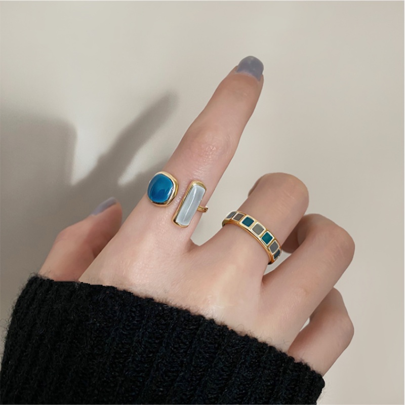 Roselife Korea Vintage Emas Shell Hijau Biru Permata Terbuka Cincin Untuk Wanita Perempuan Trendi Susun Rings Adjustable Finger Cuff Perhiasan Aksesoris