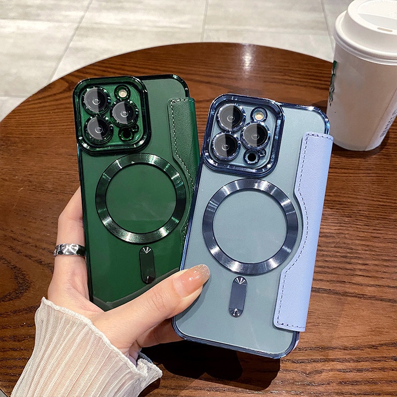 Cincin Magnet Mewah+Kamera protection lens case iPhone 14 Pro Max case iPhone 13 11 12 Pro Max14 Plus Pro leather card holder, metal Transparan Perlindungan shock Belakang Lembut