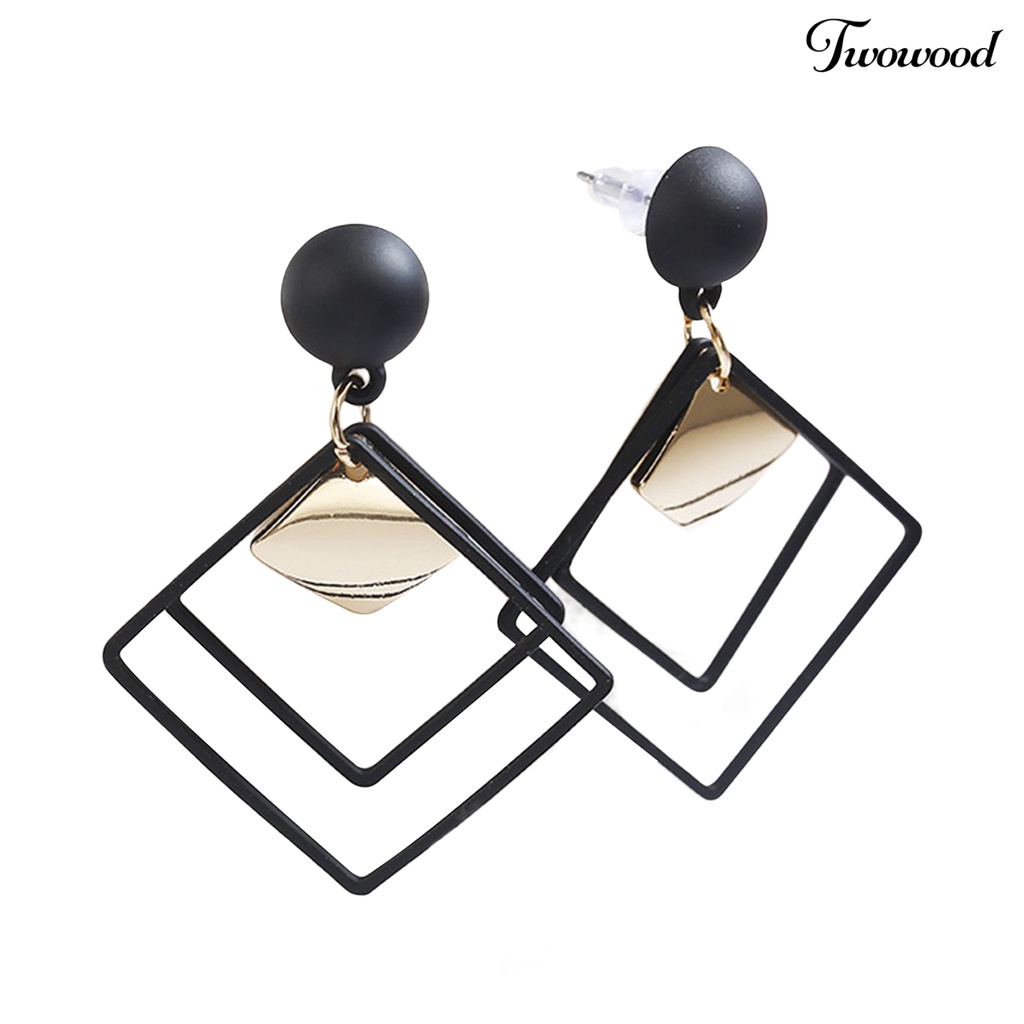 Twowood 1pasang Menjuntai Anting Geometris Matte Kepribadian Minimalis Berongga Double Belah Ketupat Wanita Stud Earrings Fashion Jewelry