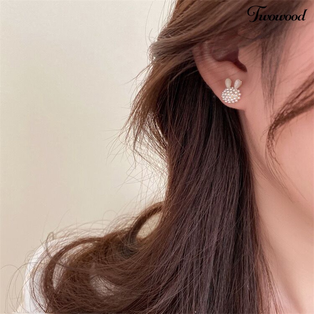 Twowood 1pasang Ear Studs Faux Opal Temperamen Elegan Lucu High Gloss Faux Pearl Rabbit Kelinci Wanita Anting Fashion Perhiasan