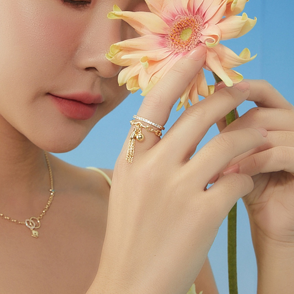 Goldkingdom Aksesoris Perhiasan Fashion Ready Stock Gaya Cina Benang Bola Gantung Rumbai Cincin Yang Dapat Disesuaikan Ceruk Perempuan Sederhana Ins Angin Cincin Bersama Cincin Jari Telunjuk