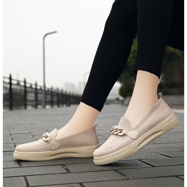 GROSIRTAS LV0241 Sepatu Slip On Wanita Rajut Tanpa Tali Flat Shoes Wanita Import Moif Rantai Kekinian