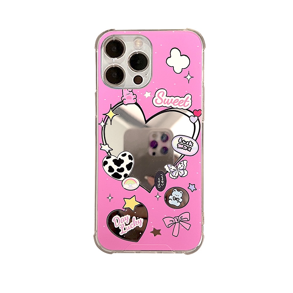 Cute Pink Love Bear Kartun Make Up Cermin Silikon Case Untuk Iphone SE 2020 7 /8 Plus 14x XR XM 11 12 MINI 13 PRO MAX Casing Cover Pelindung AT0077