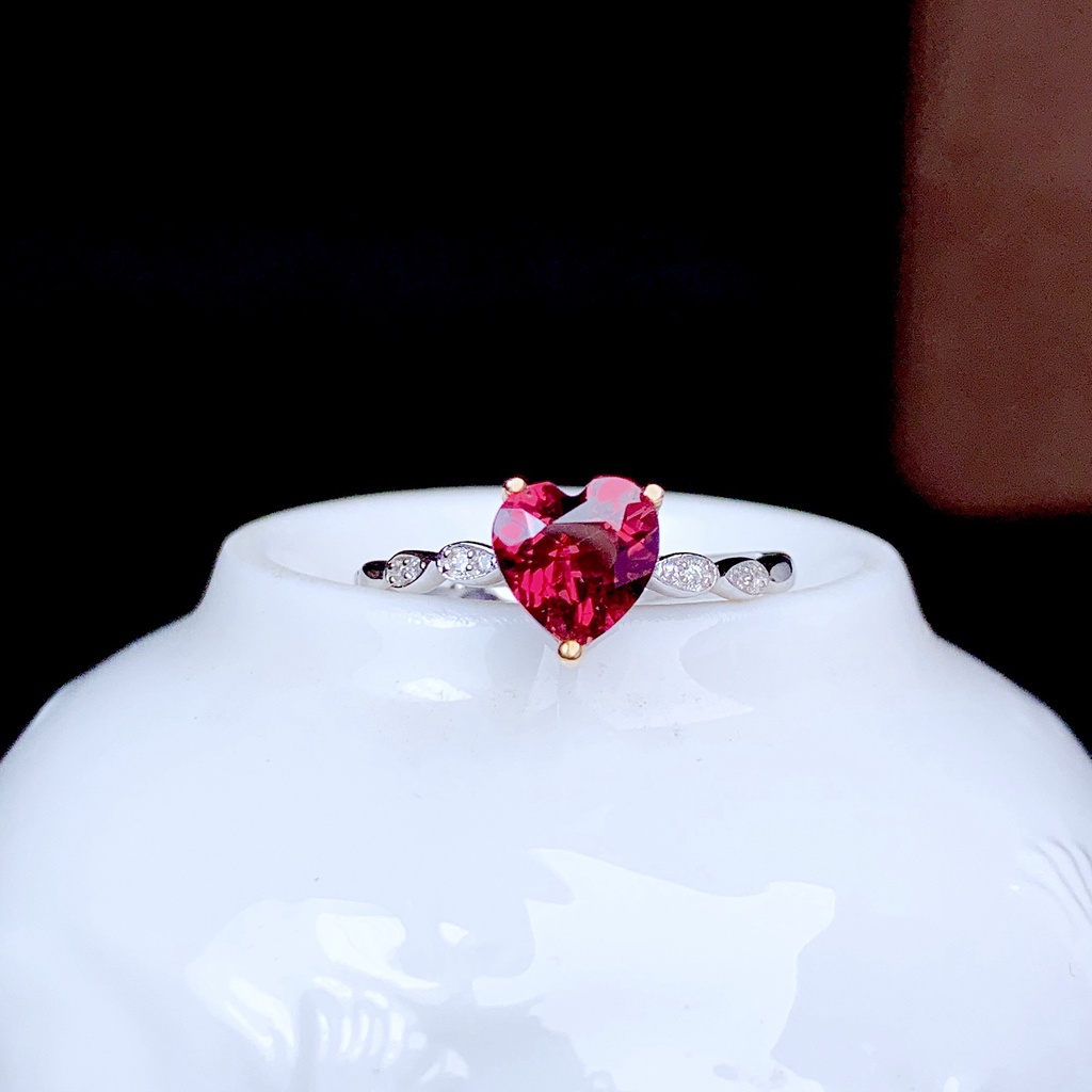 Goldkingdom Aksesoris Perhiasan Fashion Ready Stock Sederhana Mawar-Merah Berbentuk Hati Cincin Sederhana Mikro Bertatahkan Zirkon Merpati Merah Jantung Pembukaan Cincin Warna-Warni