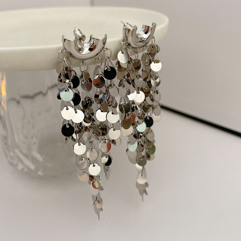 Goldkingdom Fashion Perhiasan Aksesoris Ready Stock Skala Berlebihan Logam Pribadi Perak Anting Panjang Perempuan Slim Fashion Silver