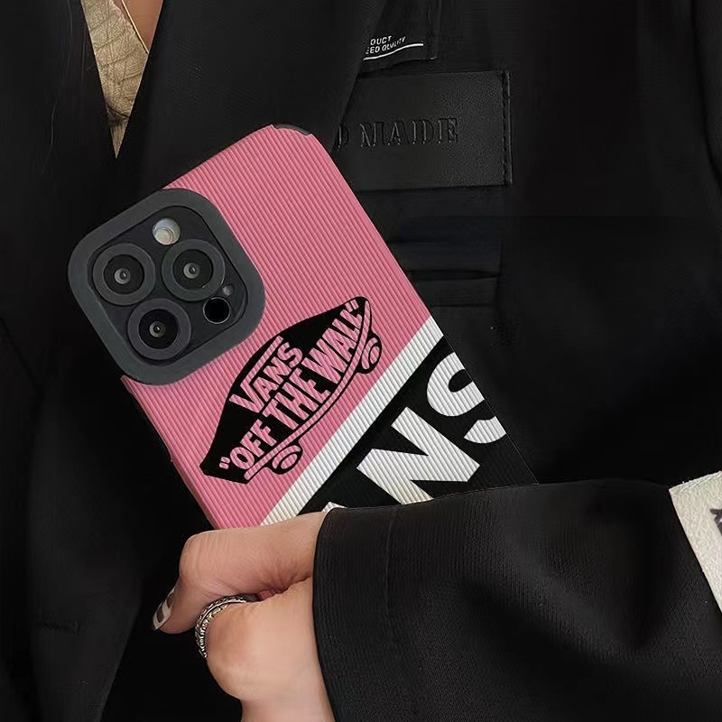 【Lamb Skin】Cool Black and Pink Vans Soft Case for IPhone 6S 7 Plus 8 Plus X XS XR XS Max 11 13 12 14 PRO Max 14 Plus 12 13 Mini Camera Protect Fashion Baolongwish Casing