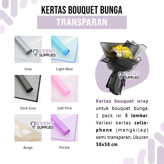 

[5 Lembar] Kertas Bunga Transparan Buket Flower Wrapping Paper Kertas - TransparanUngu