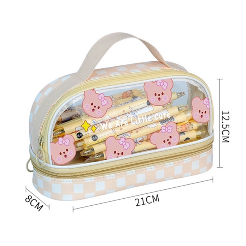 [Kapasitas] Ins PVC Pensil Case 2-Layer Siswa Anak Pulpen Tas Gadis Kawaii Sekolah Pen Case Tas Kosmetik Tas Multifungsi