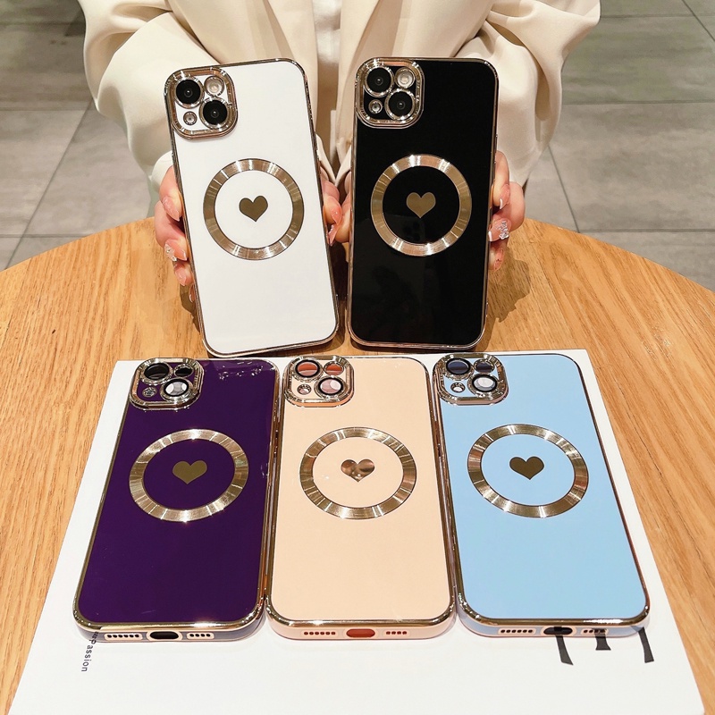 IPHONE Casing Ponsel Plating Cinta Hati Magnetik Mewah Untuk Iphone14 Pro Max13 12 11 X XR XS 8plus Pengisian Nirkabel Soft Cover