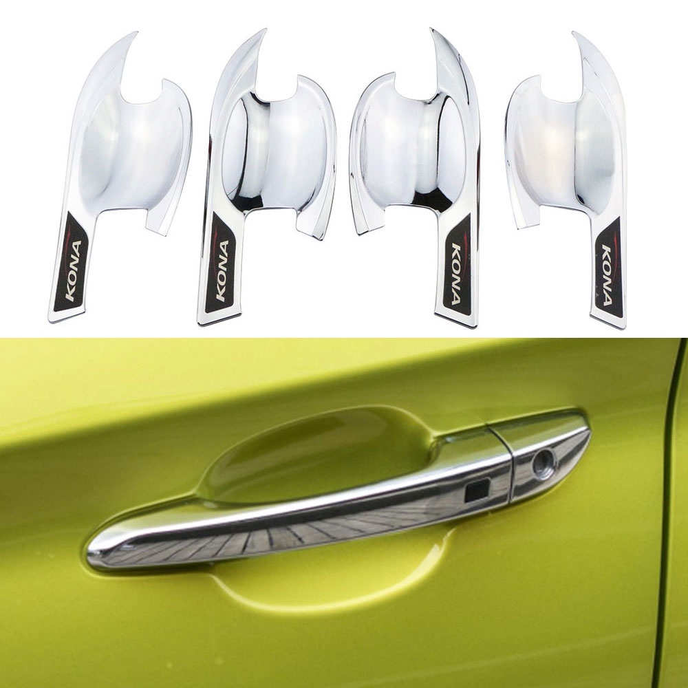 4pcs ABS Chrome Handle Pintu Luar Mobil Mangkok Stiker Cover Trim Untuk Hyundai Kona 20172018 2019 2020 2021 Aksesoris