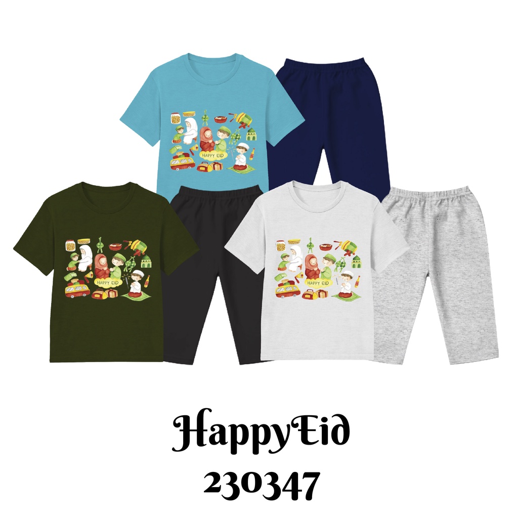 Setelan Muslim Lengan Pendek Ramadhan Series Happy Eid Untuk Anak Usia 2 Sampai 8 Tahun Bahan Katun Combed 30s