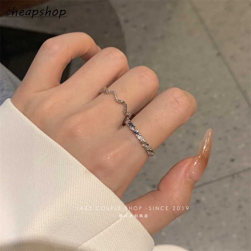 IFYOU Set Cincin Gelombang Garis Simple Cincin Polos Kristal Emas Silver Untuk Aksesoris Perhiasan Wanita