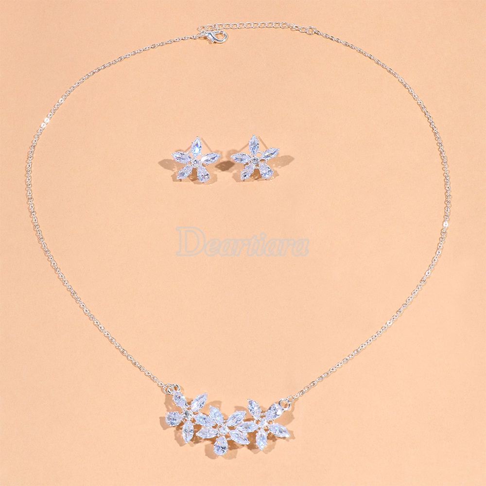 Set Perhiasan Bunga Fashion Eropa Dan Amerika Aksesoris Pernikahan Bridal Zirkon Kalung Anting Set