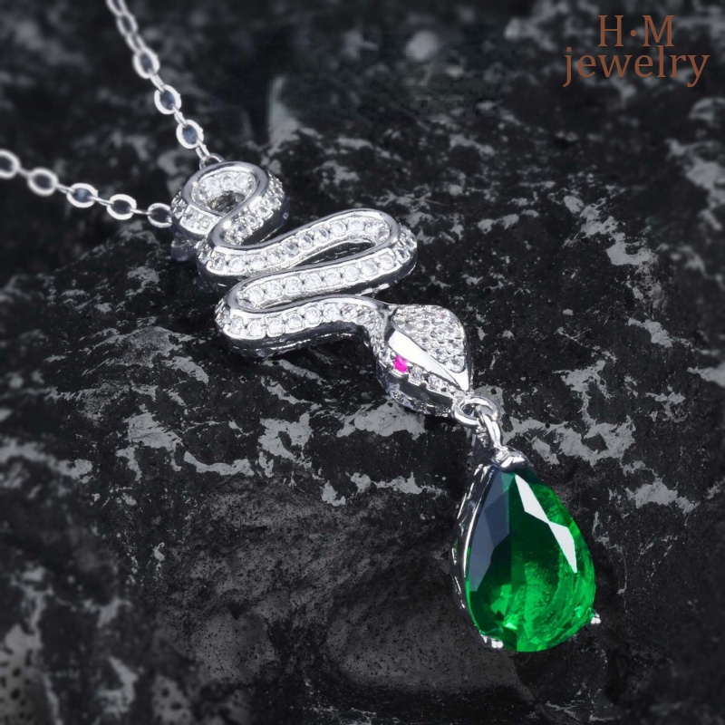 S925 Perak Water Drop Emerald Pendant Kalung Ular