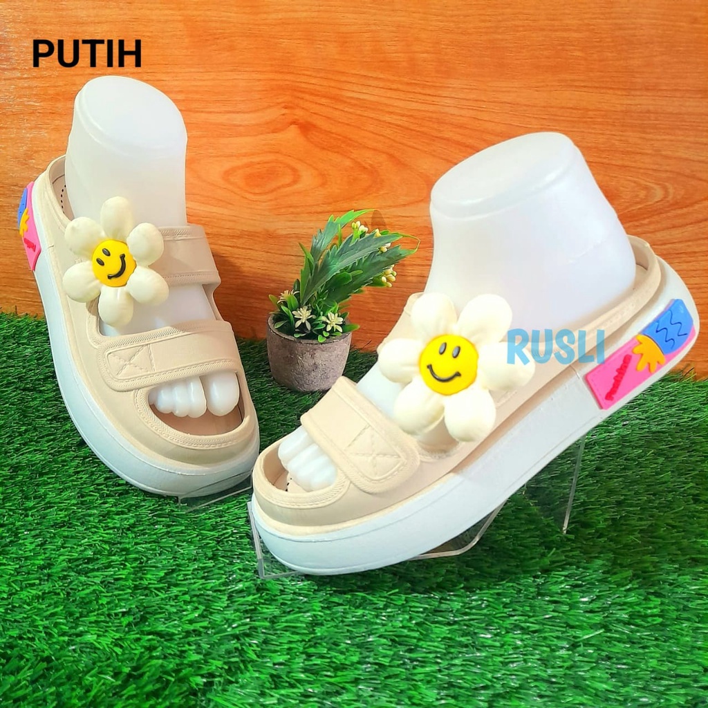 (COD) Sandal Sepatu Tali Dua Jelly Import Wedges Motif Bunga Hys 029-1