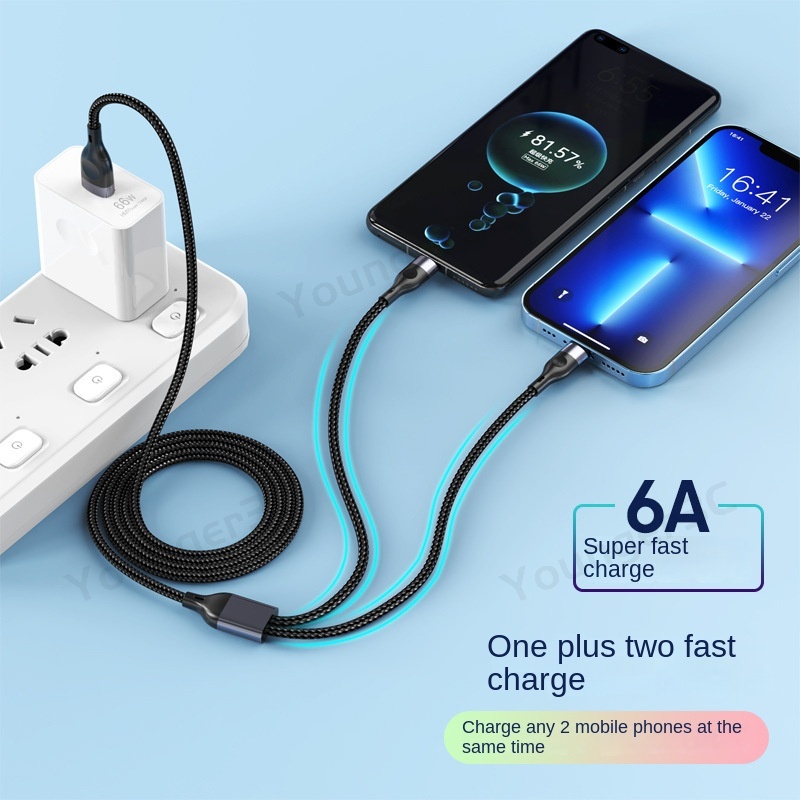 2in1 Kabel Pengisian Super Cepat 120W Kabel Data Pengisian Flash Dual-Head 6A Jalur Data Transmisi Untuk iOS Tipe C