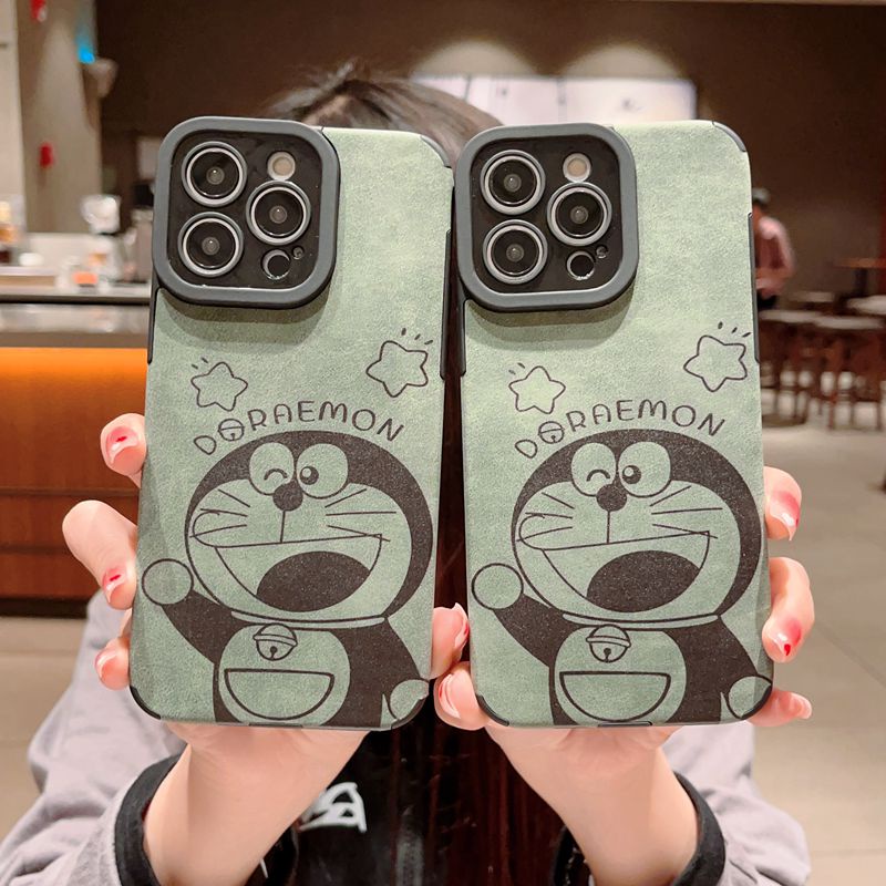 Green Leather Soft Case for IPhone 7 Plus 8 Plus X XS XR XS Max 11 13 12 14 PRO Max 14 Plus SE 2020 2022 Cute Star Green Cute Doraemon Cat