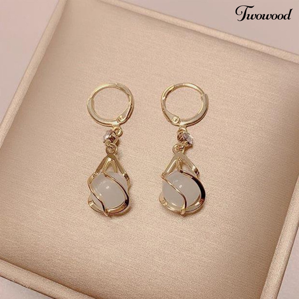 Twowood 1pasang Drop Anting Berongga Keluar Panjang Rumbai Shiny Berlian Imitasi Bertatahkan Berkilau Hias Hadiah Wanita Bulat Faux Opal Pendant Hoop Earrings Fashion Perhiasan