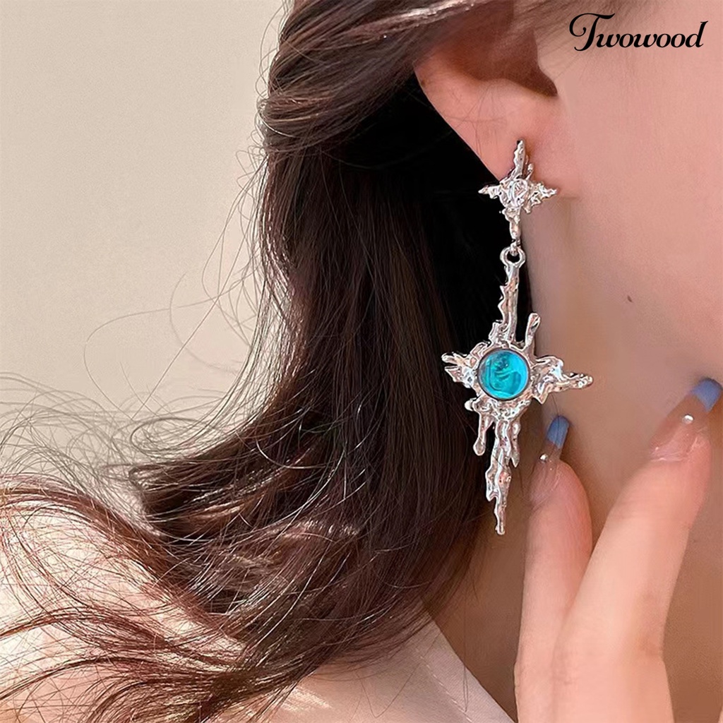 Twowood 1pasang Drop Earrings Tidak Teratur Logam Cair Panjang Rumbai Hip Hop Kilau Terang Hias Hadiah Wanita Salib Faux Moonstone Pendant Stud Earrings Perhiasan Aksesori Fashion