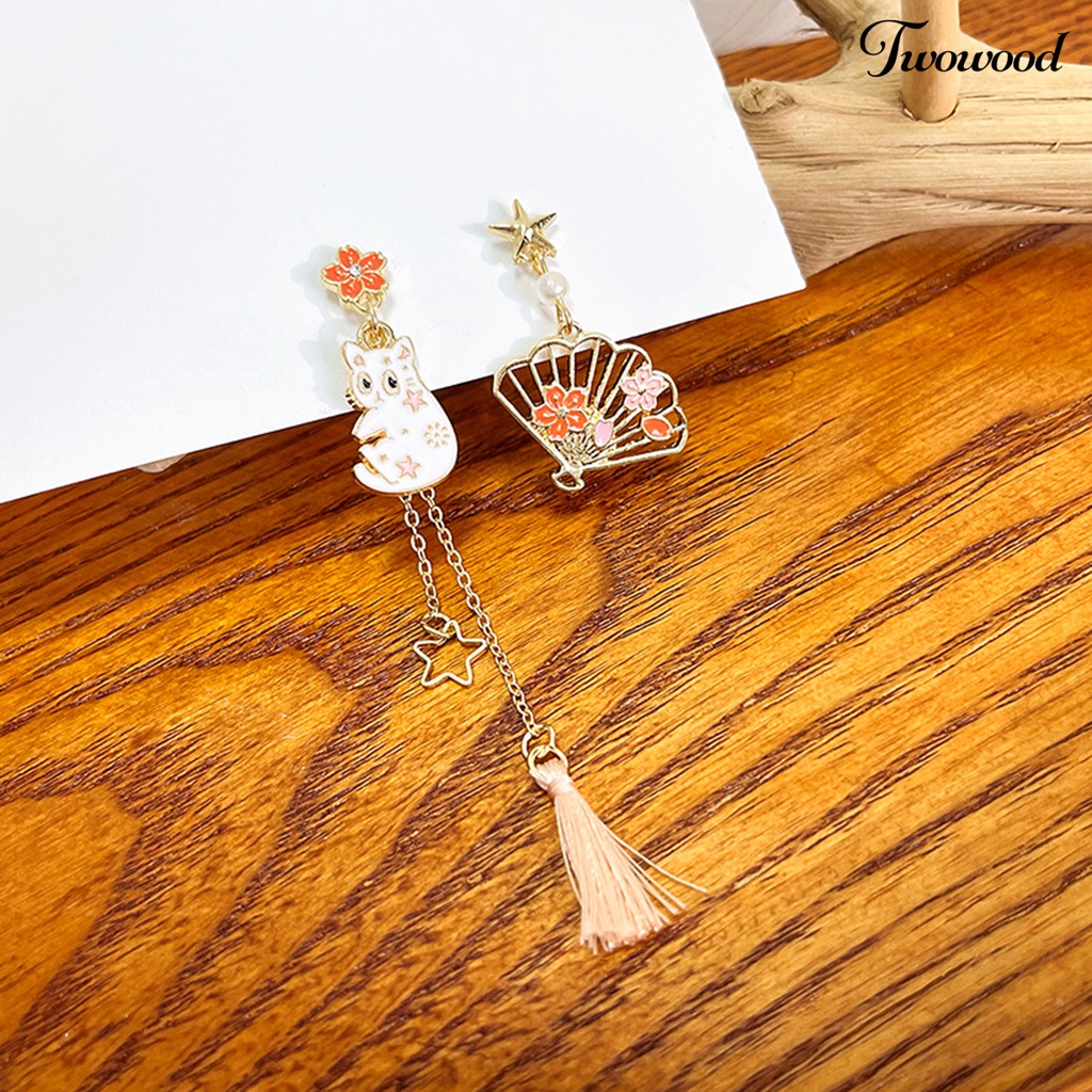 Twowood 1pasang Drop Earrings Kartun Asimetris Electroplating Liontin High Gloss Hiasan Telinga Tahan Luntur Fashion Wanita Anak Bunga Telinga Kucing Studs Untuk Pakaian Sehari-Hari