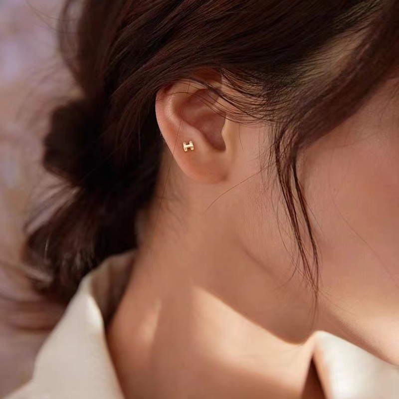 Magic789 Sederhana S925 Perak Berongga Huruf H Stud Anting-Anting Untuk Wanita Perempuan Trendi Kecil Geometris Anting-Anting Anti Alergi Telinga Perhiasan