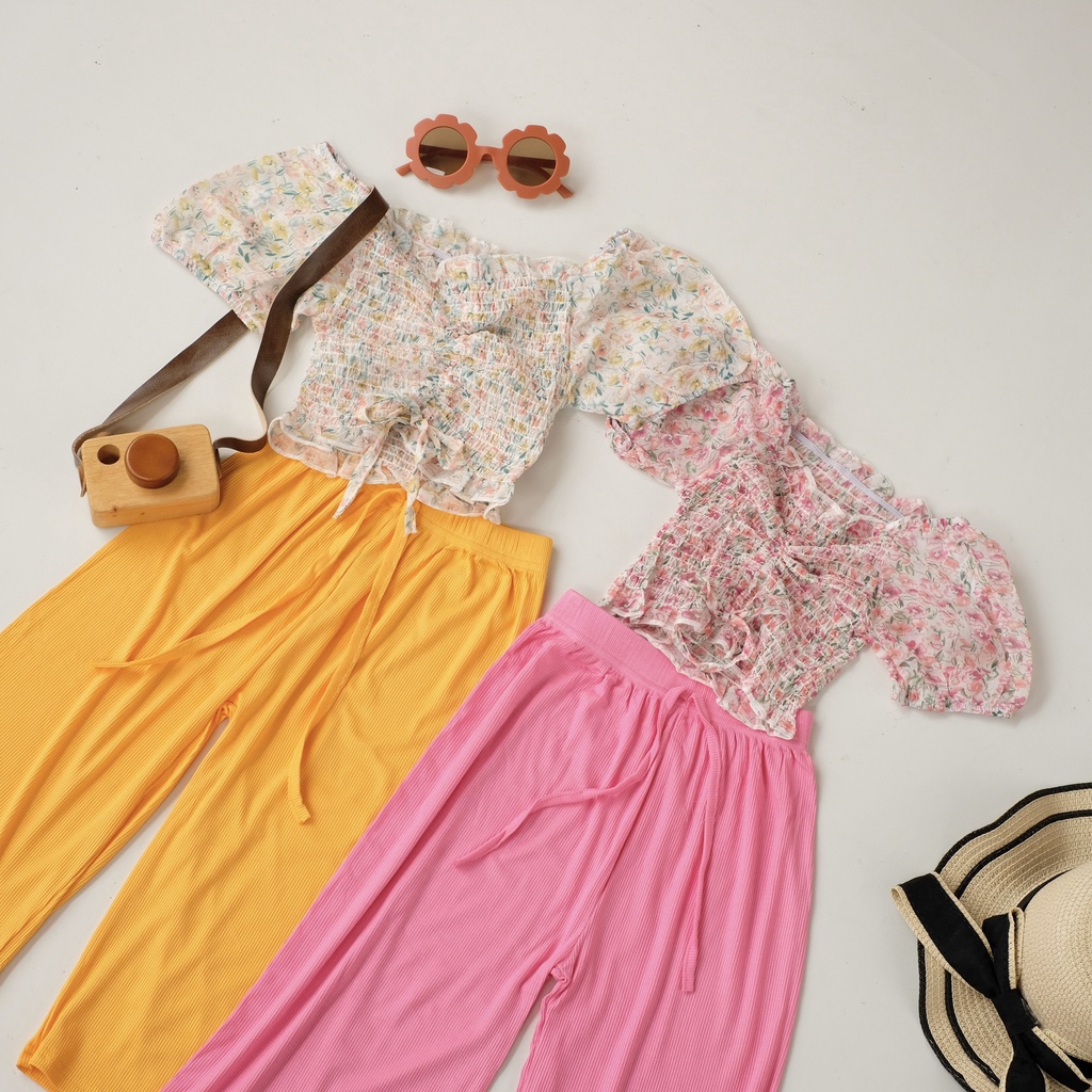 LittleAaron SET Anak MITZU SK2020180 OF SHOULDER EBV Baju Setelan Anak ATasan Sabrina Celana Kulot Perempuan Import
