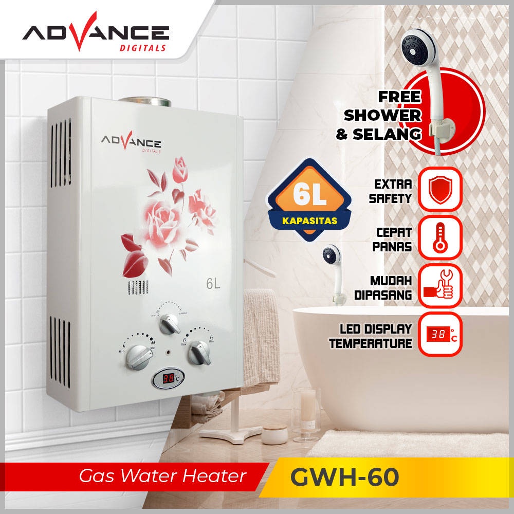 【Garansi 1 Tahun】ADVANCE Pemanas Air Gas 6L Pemanas Air Kamar Mandi