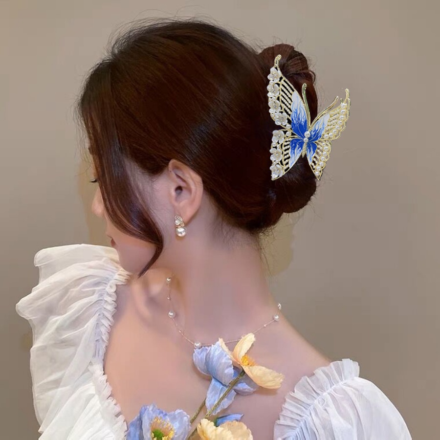 Korea Alloy Kupu-Kupu Mutiara Berlian Imitasi Rambut Klip Bunga Kristal Jepit Rambut Ponytail Holder Woman Hair Accessories