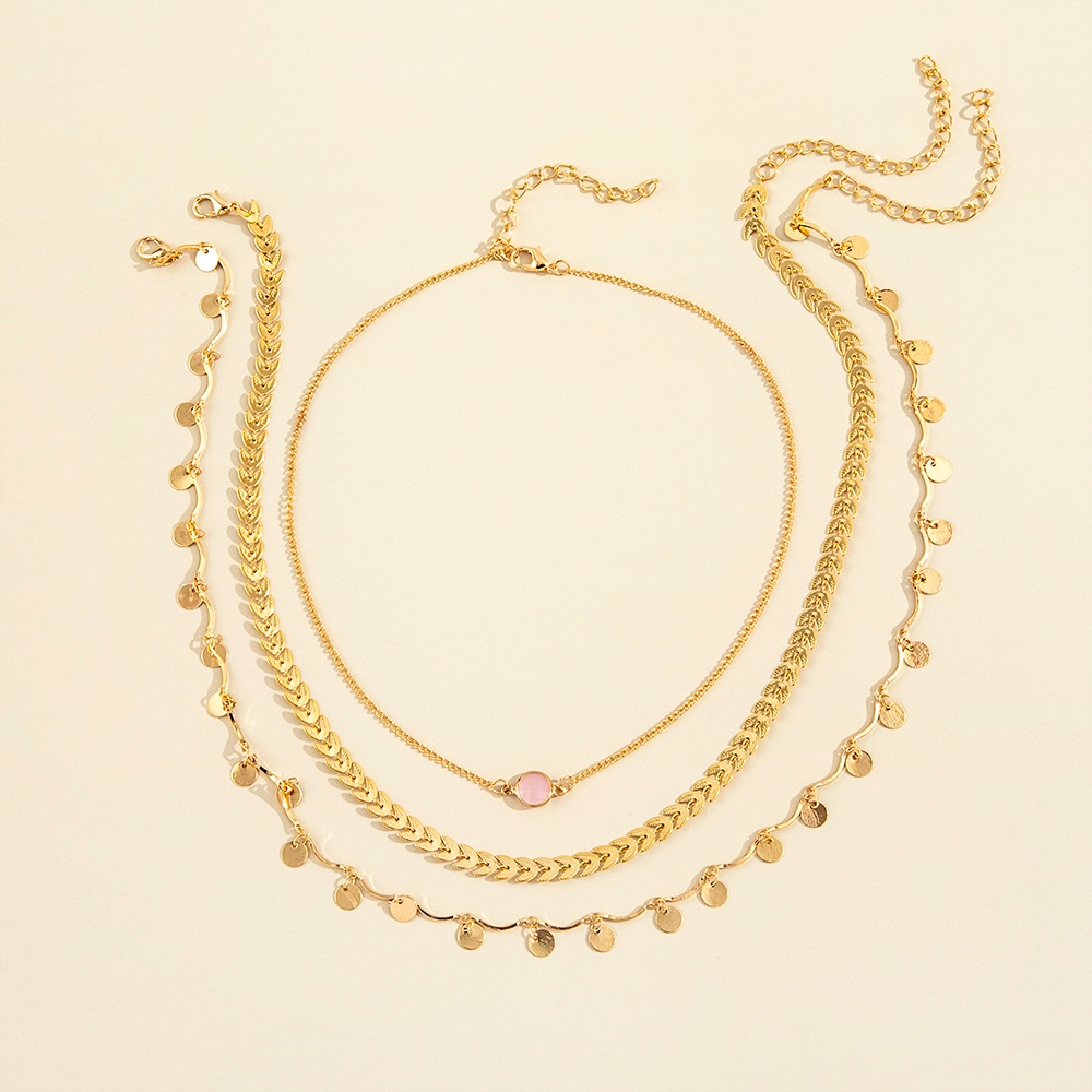 Fashion Elegan Individualitas Mode Lingkaran Daun Rumbai Merah Muda Permata Kalung Kerah Rantai Tiga Potong Set