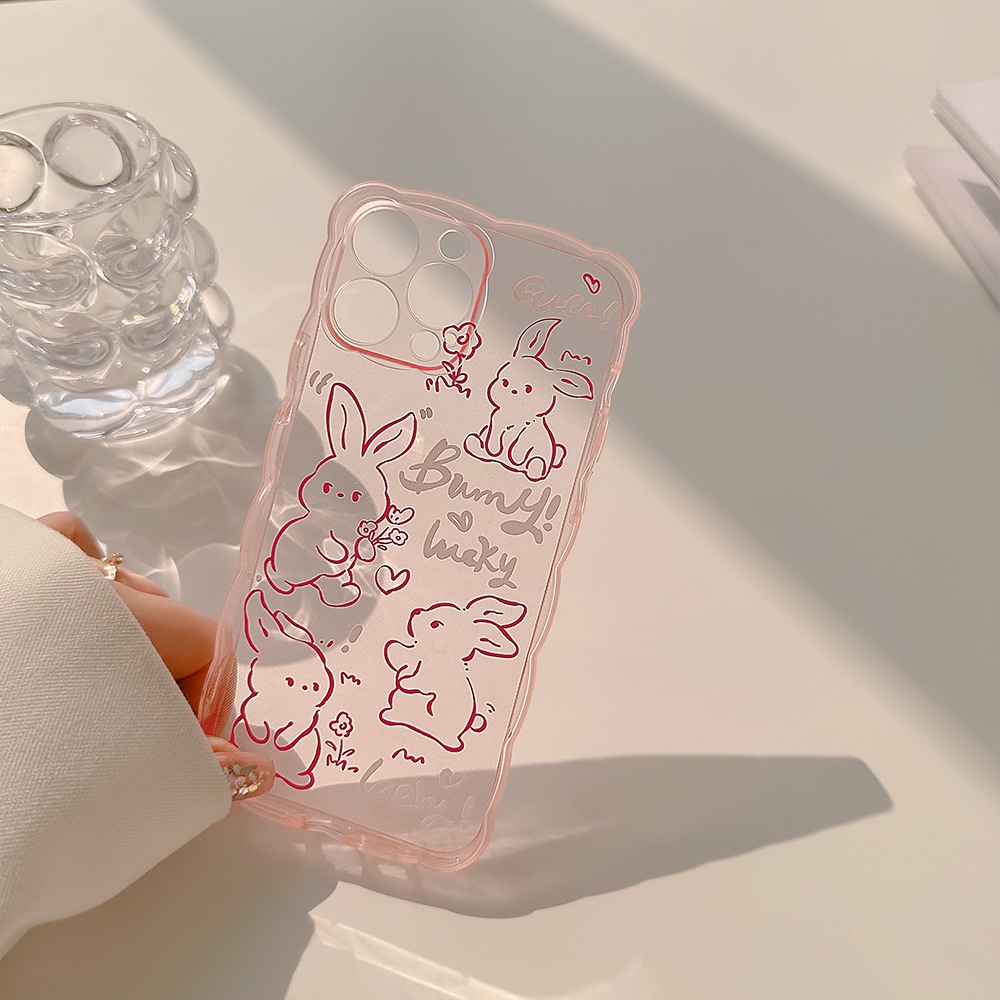 IPHONE Sketsa Kelinci Lucu Berbentuk Gelombang Casing Ponsel TPU Transparan Pink Rabbit Cover Untuk Iphone7 8 PLUS X XR XS 11 12 13 14 MINI PRO MAX SE 2020