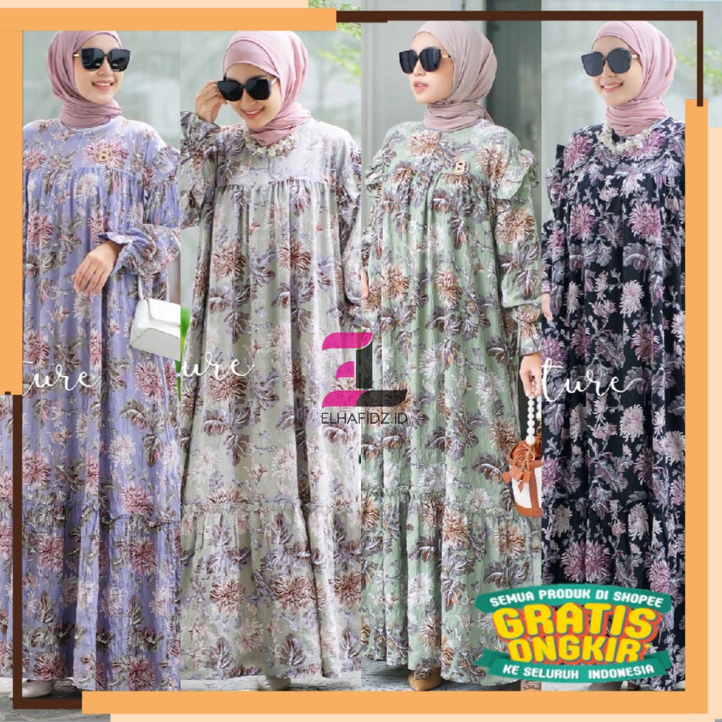 SERIES RAMADHAN RAYA 2023 Tulus Signature Adela Dress Jumbo Maxi Kelly Crinkle Emboss Motif Bunga Tu