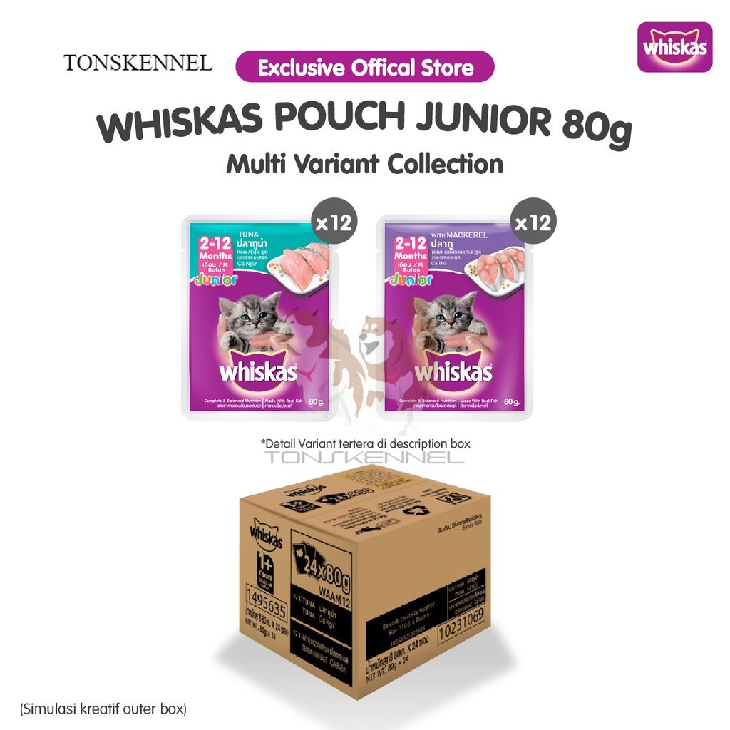 WHISKAS Junior Pouch Makanan Basah Kitten  Kemasan Pouch (24-Pack), 80g. Makanan Kucing Basah Untuk Anak Kucing Umur 2-12 Bulan