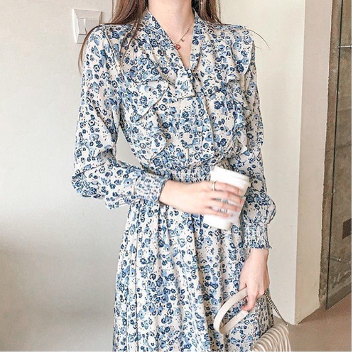 Frilled Floral Midi Dress in Blue and White - Dress Casual Kasual Biru Putih / Daisy Dress Bunga / K