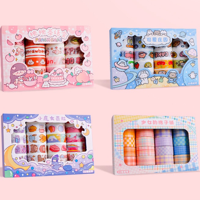 20roll/box Kartun Gadis Washi Tape Set Lucu Kartun Tangan Akun Stiker Hias Tape Perlengkapan Alat Tulis