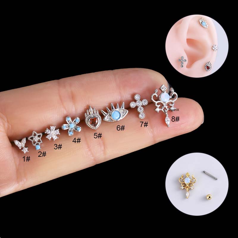 1biji Baru Mata Cross Bentuk Bunga Tulang Rawan Tragus Rook Pinna Helix Piercing 20gauge Stud Earring Stainless Steel Dengan Zircon