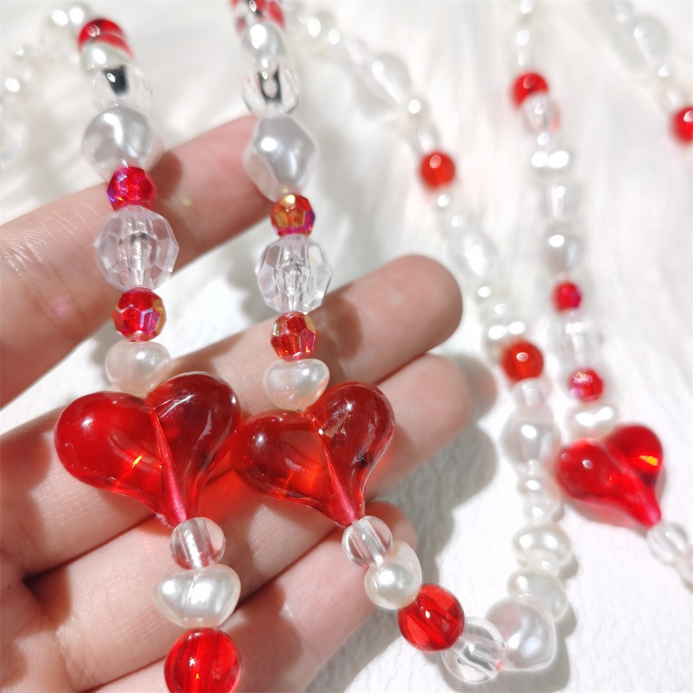 Baroque Mutiara Merah Hati Rantai Ponsel Anti Hilang Lembut Tembikar Tali Tali Tali Lanyard Manik-Manik Akrilik Warna-Warni Kasus Ponsel Kabel Gantung