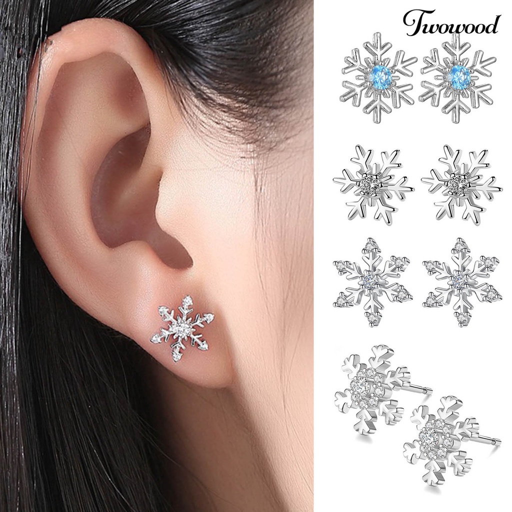 Twowood 1pasang Ear Studs Elegan Geometris Berlian Imitasi Mengkilap Hias Berkilau Berdandan Hadiah Natal Wanita Snowflake Stud Earrings Perhiasan Pakaian Sehari-Hari