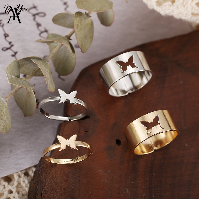 AY(CN) 2pcs / Set Cincin Model Butterfly Hollow Out Gaya Korea Untuk Wanita