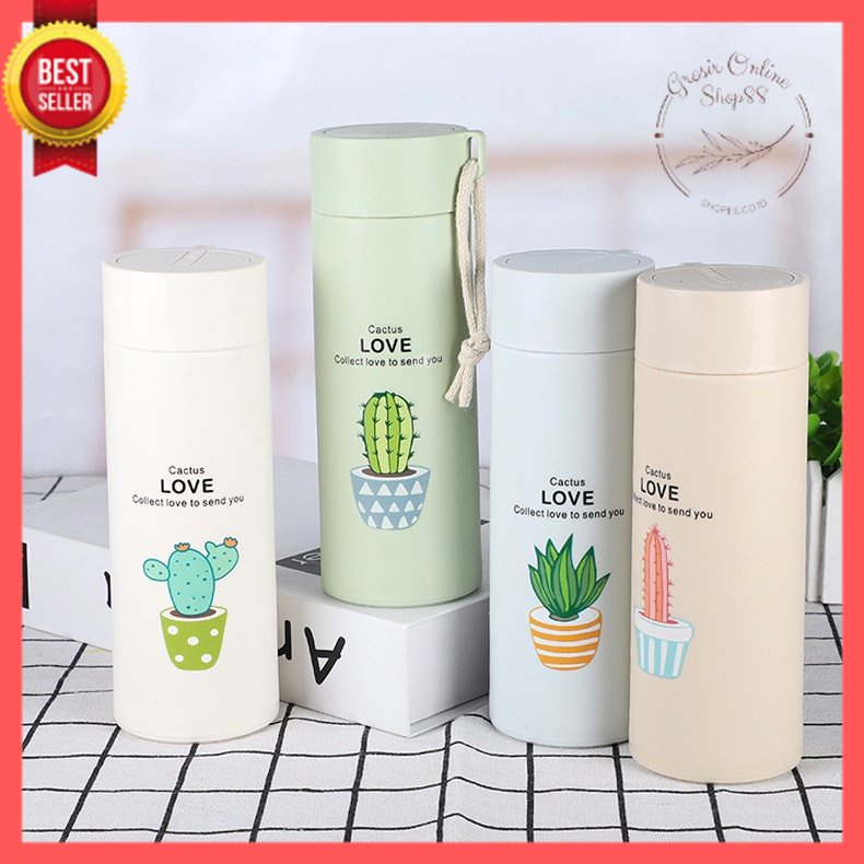 GOS -F404- Botol Minum Kaktus Thermos Kaca - Botol Kaca Minum Botol Motif Cactus Love 450ml