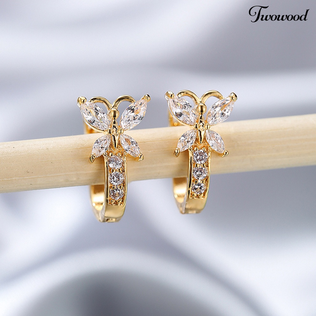 Twowood 1pasang Anting Hoop Vintage Pendek Gaya Pastoral Shiny Cubic Zirconia Hias Hadiah Valentine Wanita Butterfly Shaped Menjuntai Earrings Perhiasan Gadis