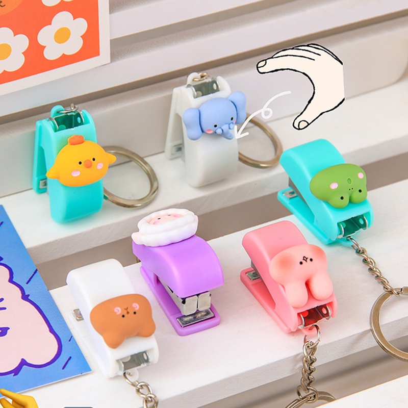 [Harga Grosir] Kartun Hewan Lucu Mini Stapler Dengan Gantungan Kunci Kawaii Portable Pengikat Kertas Macaron Color File Organizer Alat Pengikat Kantor Siswa Perlengkapan Sekolah