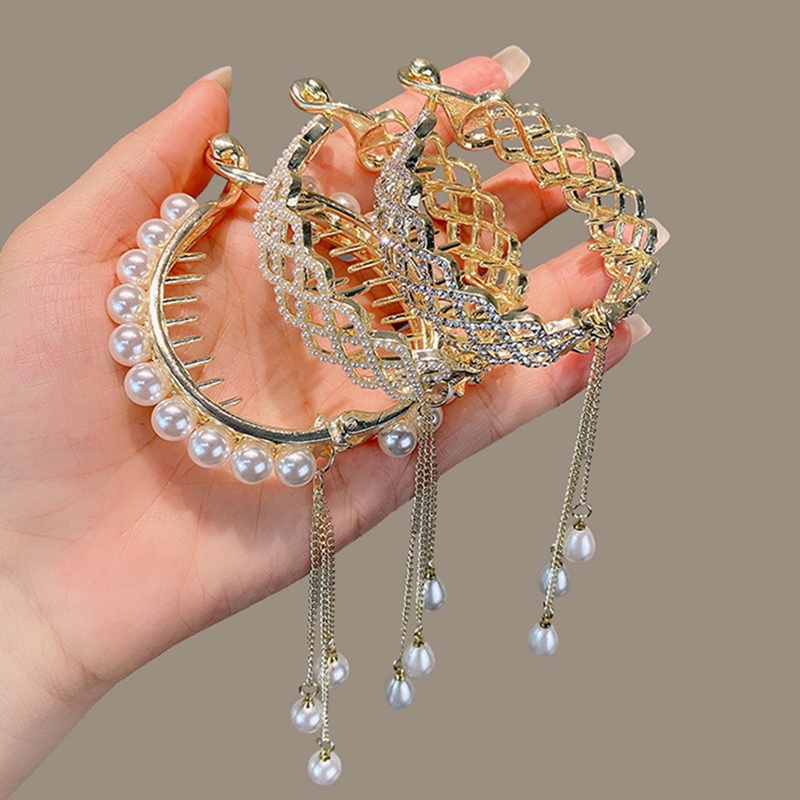Korea Berlian Imitasi Rumbai Mutiara Rambut Cakar Sanggul Hair Clip Crab Wanita Jepit Ponytail Holder Jepit Fashion Aksesoris Rambut