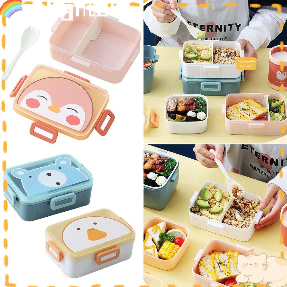 Solighter Lunch Box Microwavable Persegi Panjang Grid Dengan Sendok Wadah Makanan