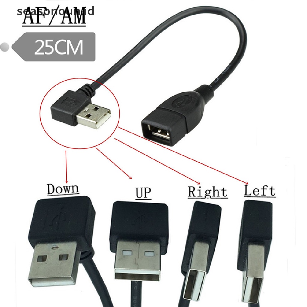 Seasonoun 90derajat Atas &amp; Bawah &amp; Kiri &amp; Kanan Siku USB 2.0 Tipe A Adaptor Kabel Ekspanding Male to Female Untuk Komputer PC.