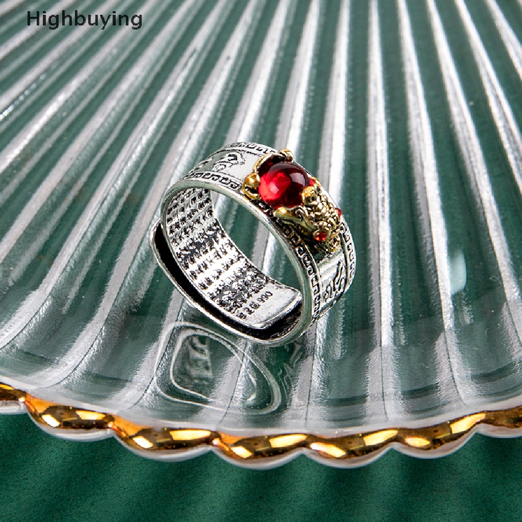 Hbid 1PCS Cina Feng Shui Pixiu Cincin Vintage Perak Disepuh Hati Sutra Beruntung Awan Diukir Cincin Batu Merah Permata Pi Xiu Binatang Cincin Pria Wanita Jari Cincin Perhiasan Antik Glory