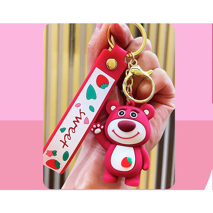 Net Merah Strawberry Bear Gantungan Kunci Lucu Kartun Beruang Halus Kunci Mobil Liontin Siswa Tas Sekolah Pendant
