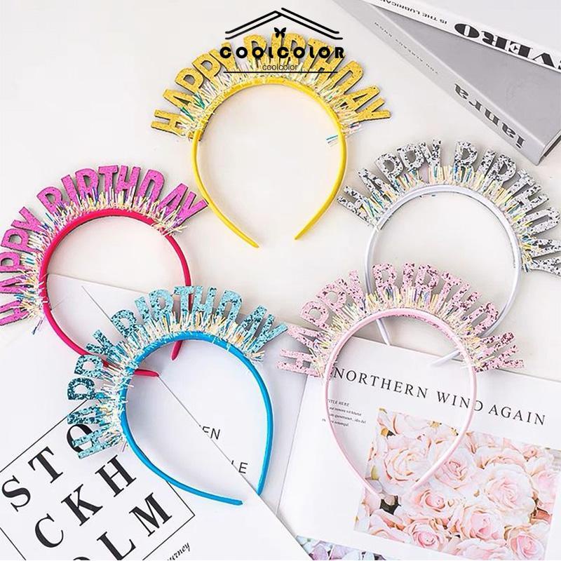 COD❤️Bando Ulang Tahun Warna-warni Gaya Kreatif DIY Selamat Hairband Tata Letak Tempat Pesta Warna Cerah- cl