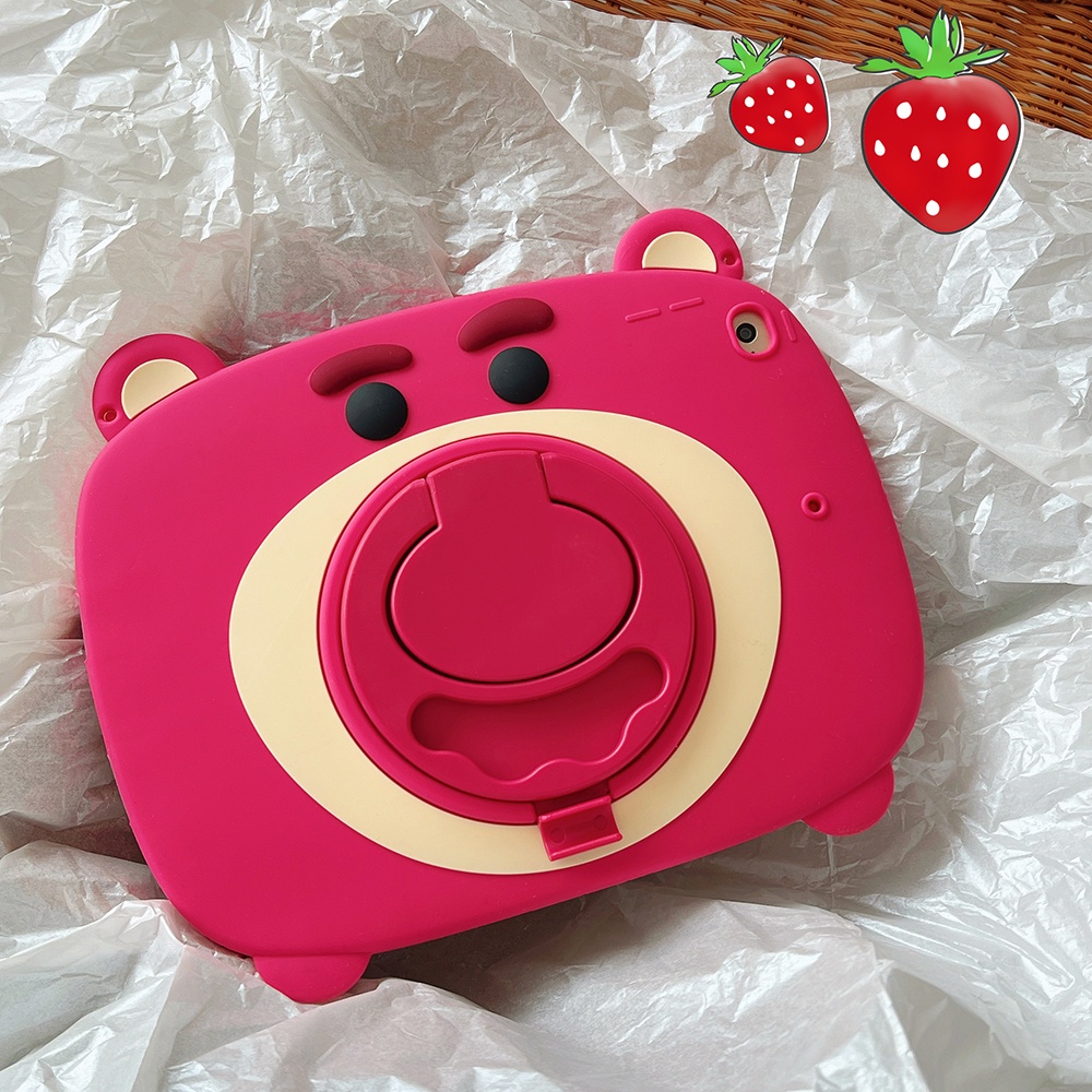 Untuk Huawei MatePad SE 10.4 (2022) AGS5-L09 AGS5-W09 Casing 10.4-inch Fashion360° Rotating Ring Stand Case Silikon Lembut Lucu Kartun Hewan Strawberry Bear Tablet Penutup Pelindung